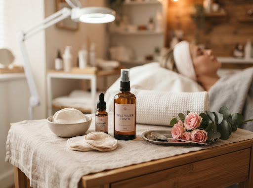 Close up aesthetic beauty treatment skincare depilation studio aesthetic, soothing facial care preparation, delicate rose water toner, cotton pads, glass amber bottles, soft towels, serene warm lighting