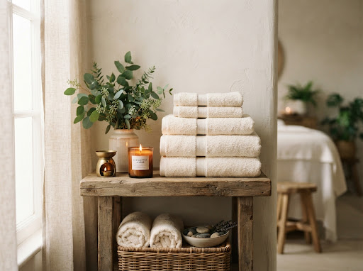 Aesthetic beauty spa details, neatly stacked fluffy cream towels, scented candle, botanical eucalyptus, natural warm light, calm relaxing atmosphere